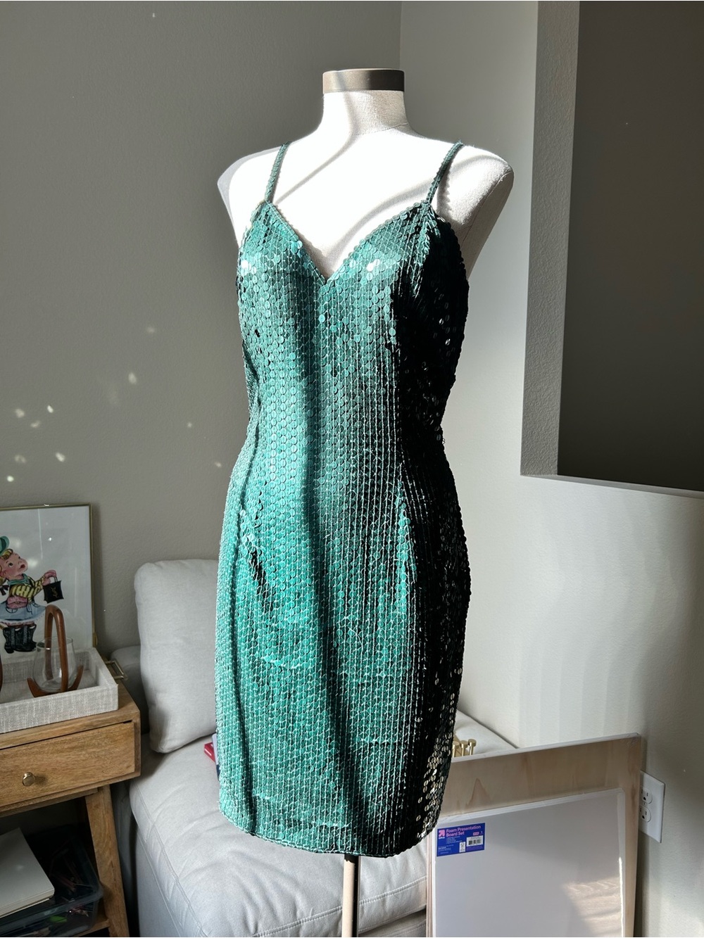 Vintage Niteline Della Roufogali Emerald Green Sequin-Strap Mini Dress - Picture 2 of 10